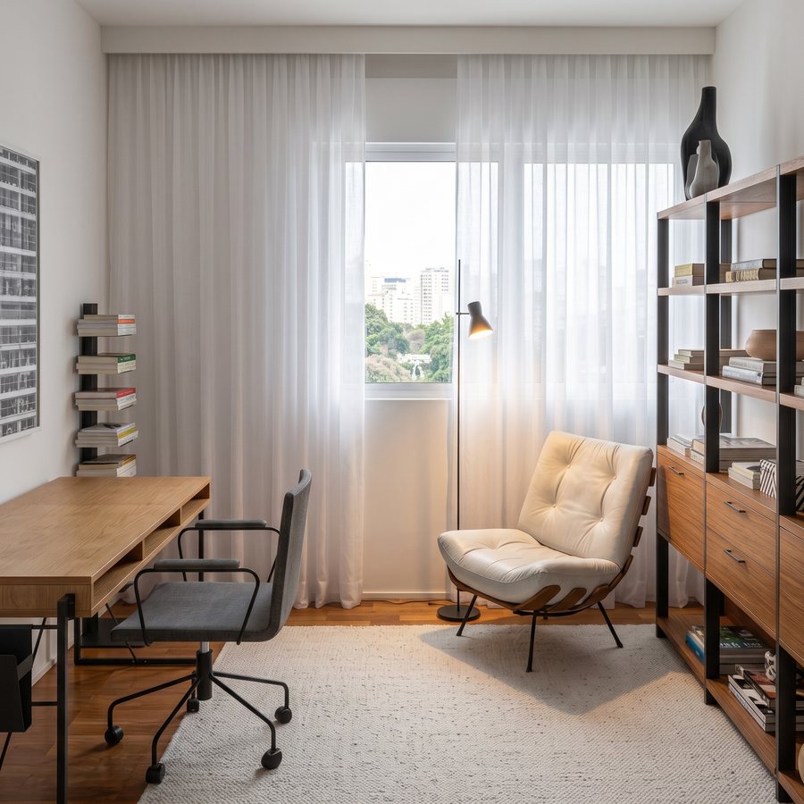 Home office com escrivaninha de madeira, poltrona clara e estante com livros